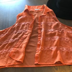 Orange lace flower button down top